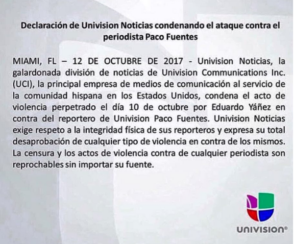 A declaração da rede de TV Univision condenando a agressão ao seu repórter (Foto: Instagram)