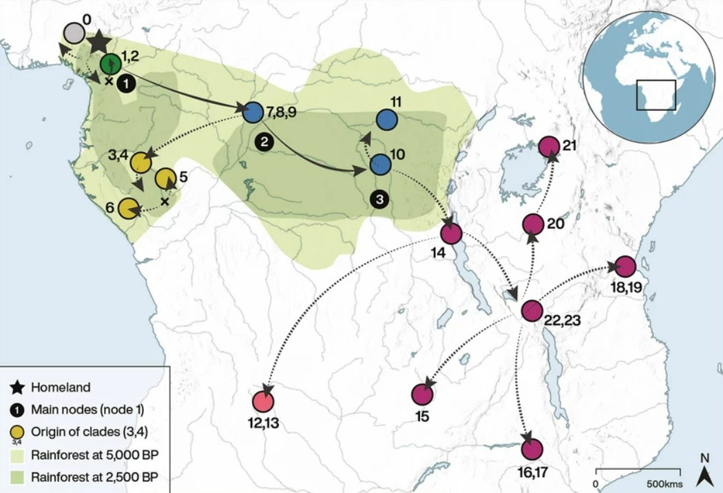 Expansão bantu se deu por travessia de floresta africana há 4 mil anos. Acima: Migrações bantu reconstruídas a partir de dados linguísticos.. (Foto: Michelle O'Reilly)