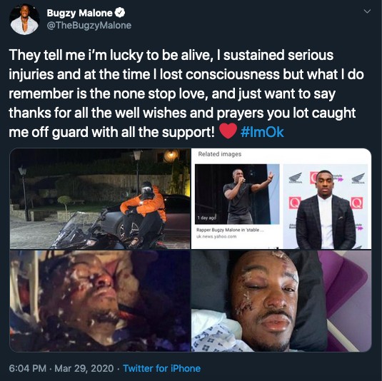 O post do rapper Bugzy Malone agradecendo o carinho que vem recebendo após seu acidente de moto (Foto: Twitter)