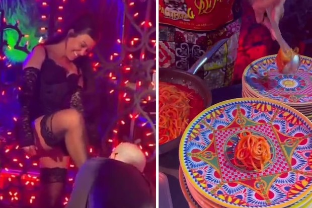 Kourtney Kardashian e Travis Barker se divertem em festa de casamento; miniporção de macarrão chamou a atenção (Foto: Reprodução/Instagram)