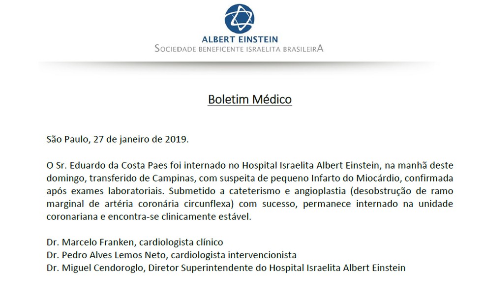 Boletim mÃ©dico sobre o estado de saÃºde de Eduardo Paes â Foto: ReproduÃ§Ã£o