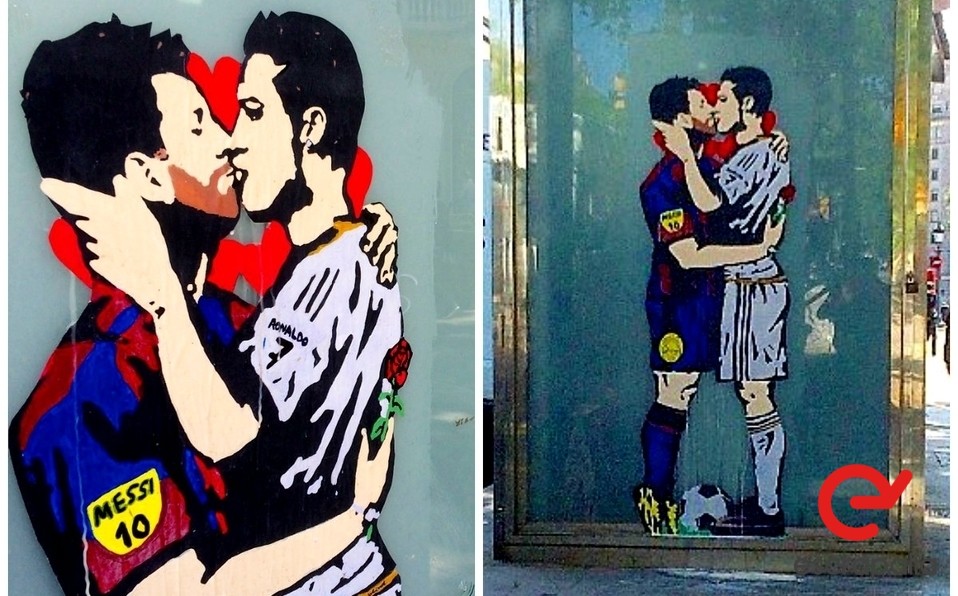Grafite do beijo de Messi e Cristiano Ronaldo vai a leilão (Foto: Reprodução)