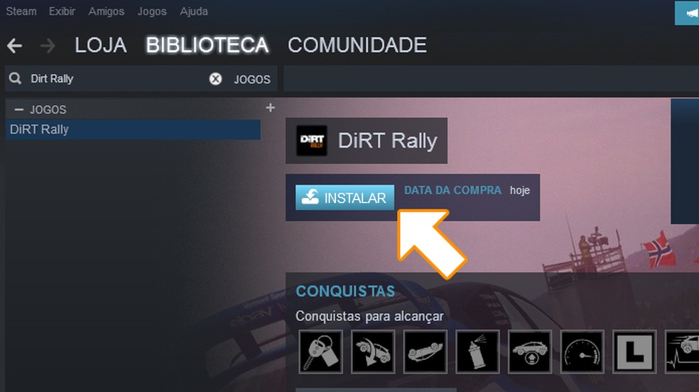 Procure por Dirt Rally em sua coleção de jogos do Steam e clique em "Instalar" para baixá-lo — Foto: Reprodução/Rafael Monteiro