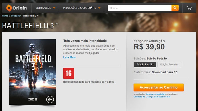 No Origin, abra a página do Battlefield 3 e clique em Acrescentar ao Carrinho para comprar o game (Foto: Reprodução/Tais Carvalho)