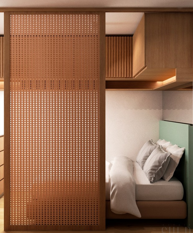 A kitnet projetada pelo arquiteto Gustavo Rezende tem estilo minimalista e paleta neutra (Foto: Studio Shed / Divulgação)