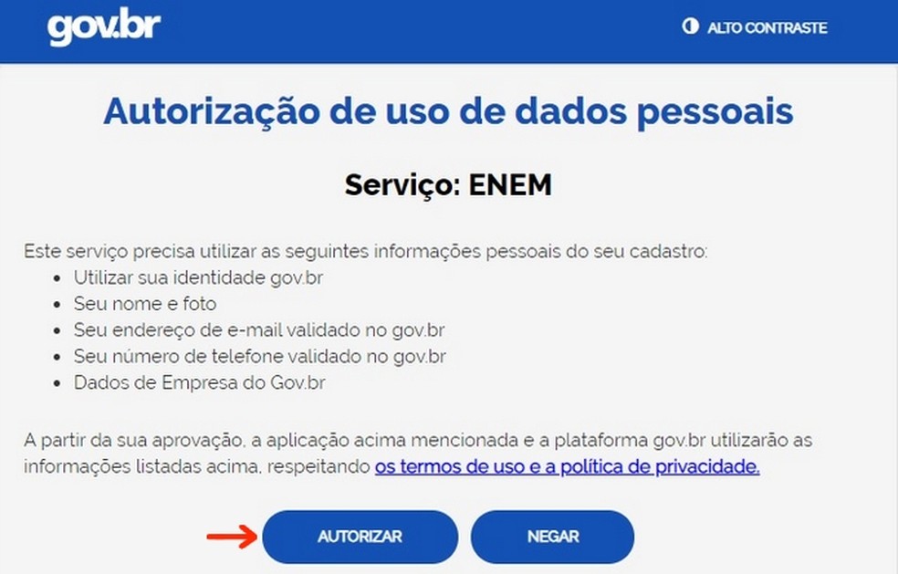 Autorização de uso de dados do Gov.br para inscrição no Enem 2023 — Foto: Reprodução/Raquel Freire