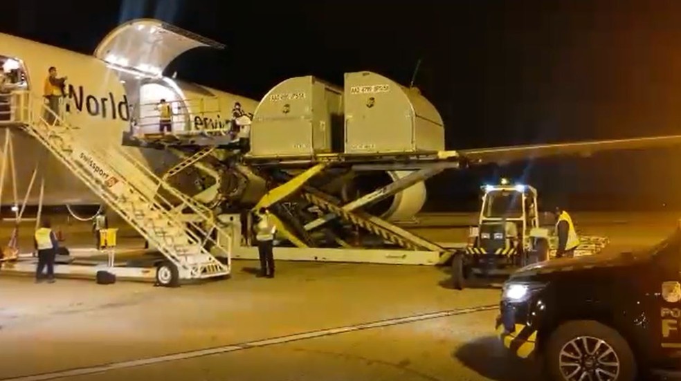 Avião com 936 mil doses da vacina contra Covid-19 da Pfizer chegou ao Aeroporto de Viracopos, em Campinas (SP), nesta quarta-feira (16) — Foto: Polícia Federal
