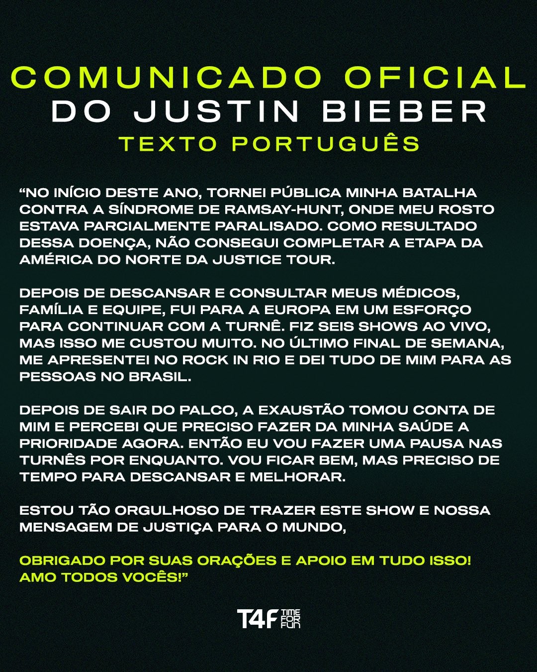 Empresa comunica cancelamento do show de Justin Bieber em São Paulo (Foto: Reprodução/ T4F)