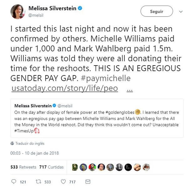 Melissa Silverstein, fundadora do Women and Hollywood, faz post indignado sobre valor pago a Michelle Williams (Foto: Reprodução/Twitter)