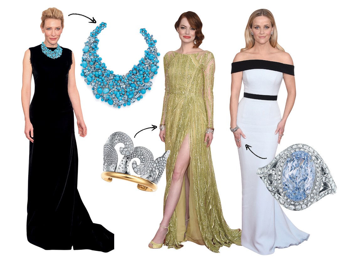 O Blue Book de 2015 no Oscar: Cate Blanchett, Emma Stone e Reese witherspoon (Foto: Ward Ivan Rafik, Getty Images e Cortesia Tiffany)