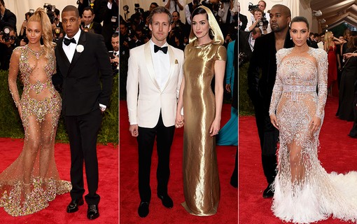 Beyoncé e Jay-Z (à esq.); Adam Shulman e Anne Hathaway (ao centro); Kim Kardashian e Kanye West (à dir.)