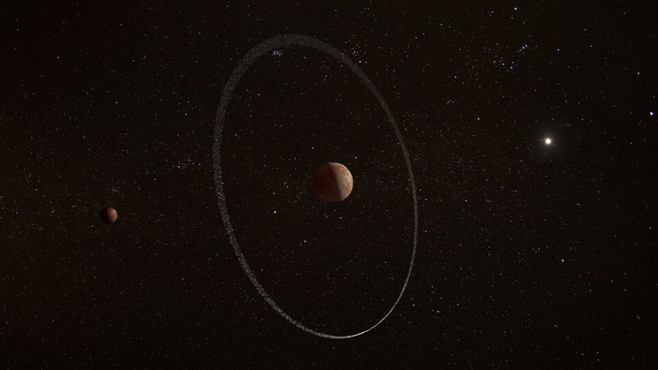 Imagem ilustrativa do planeta Quaoar e seu anel