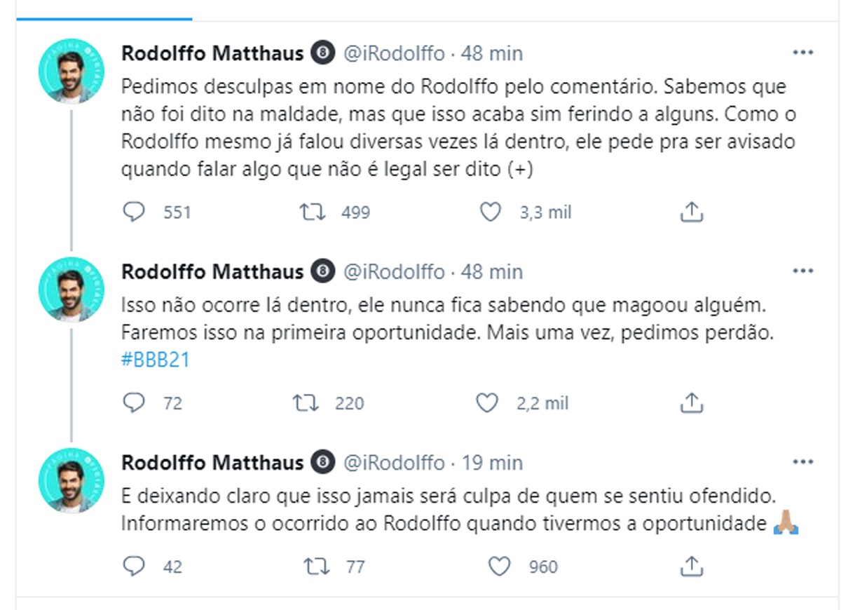 Equipe de Rodolffo pede desculpas por comentário  (Foto: Reprodução Twitter e Reprodução Instagram)