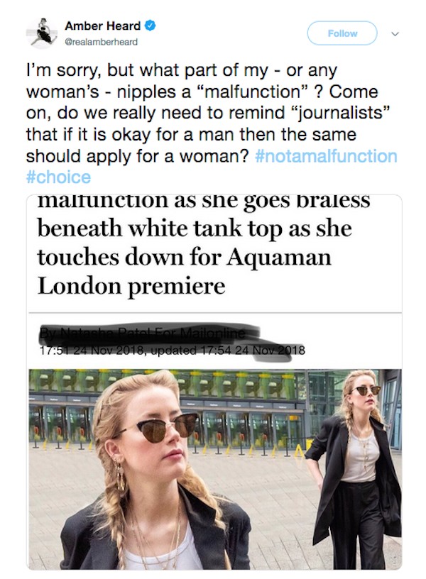 A crítica feita pela atriz Amber Heard à publicação que classificou sua vestimenta como gafe (Foto: Twitter)