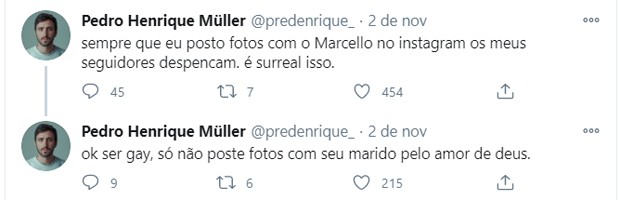 Pedro Henrique Müller diz que sempre perde seguidores ao postar fotos com o marido, Marcello Talone (Foto: Reprodução/Twitter)