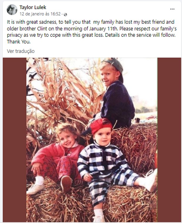 Taylor Arlis Lulek lamenta morte do irmão Clint Arlis, do The Bachelorette (Foto: Reprodução/Facebook)