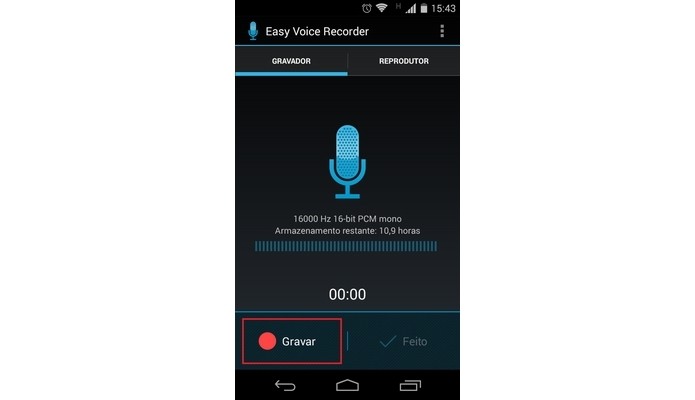 Destaque para botão de gravação do Easy Voice Recorder (Foto: Reprodução/Raquel Freire)