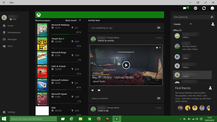Windows 10 traz novo aplicativo do Xbox com funções de rede social (Foto: Reprodução/Elson de Souza)