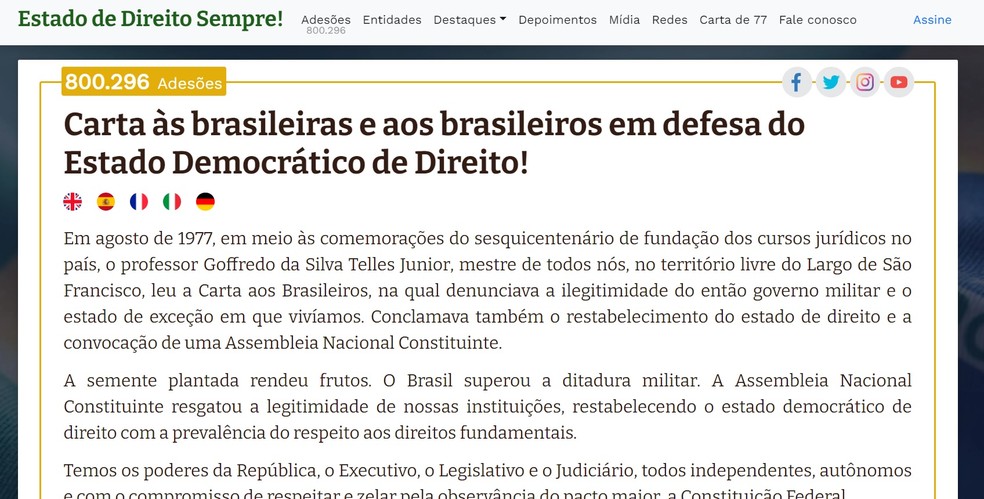 Carta da USP em defesa da democracia passa de 800 mil assinaturas &mdash; Foto: Reprodu&ccedil;&atilde;o
