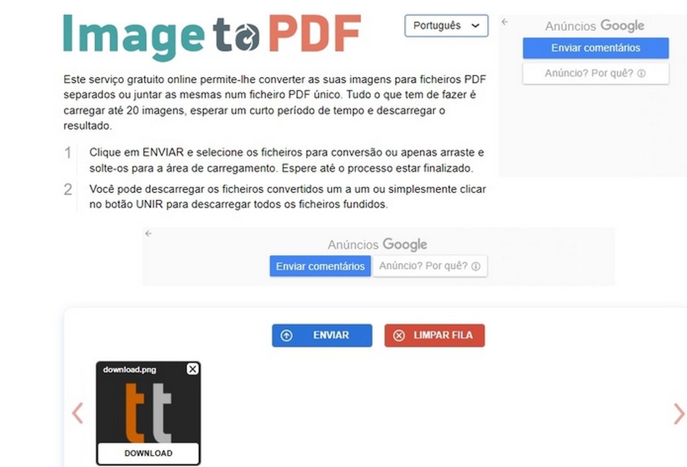 Image to PDF, site gratuito para converter fotos em .PDF — Foto: Reprodução/Raquel Freire