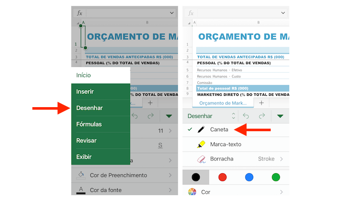 Ativando a ferramenta caneta no Excel para iPhone (Foto: Reprodução/Marvin Costa)