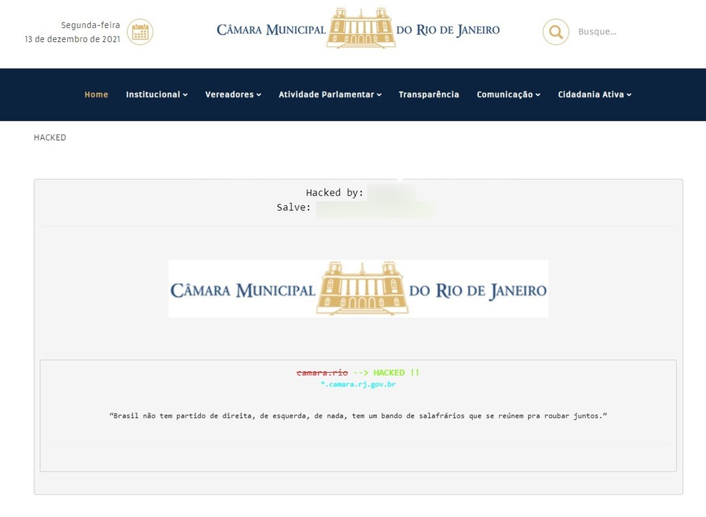 Site da Câmara de Vereadores do Rio com a página inicial adulterada por hackers — Foto: Reprodução