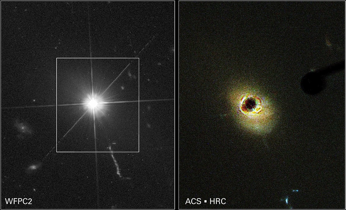 Imagens do Hubble do quasar 3C 273. À direita, um coronógrafo é usado para bloquear a luz do quasar, tornando mais fácil detectar a galáxia hospedeira circundante. (Foto: NASA and J. Bahcall (IAS)/NASA, A. Martel (JHU), H. Ford (JHU), M. Clampin (STScI), G. Hartig)