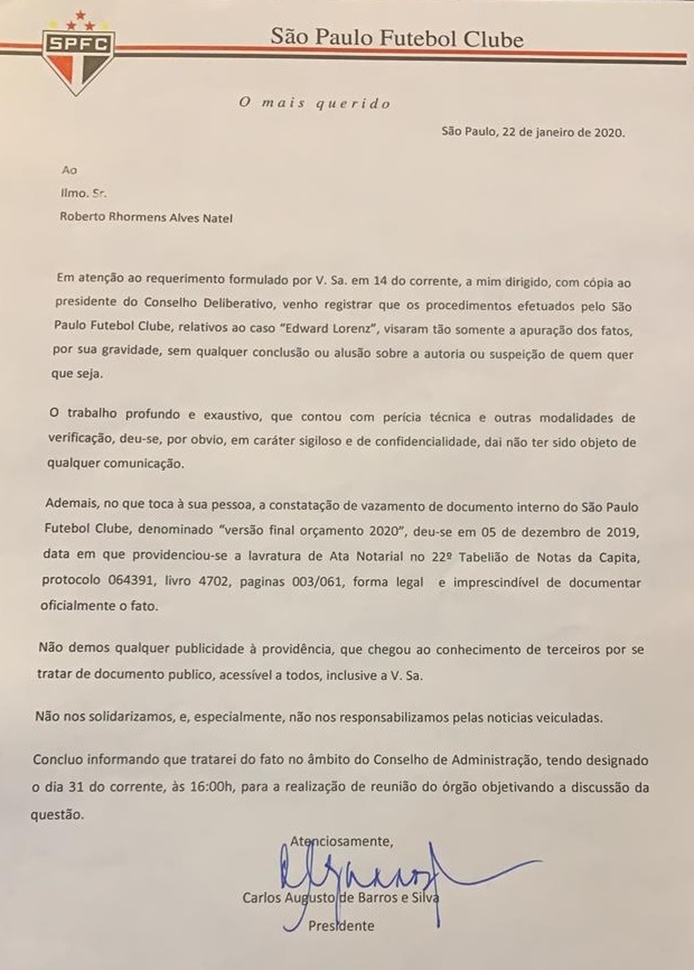 Presidente Leco responde requerimento do vice-presidente Roberto Natel, do São Paulo — Foto: GloboEsporte.com