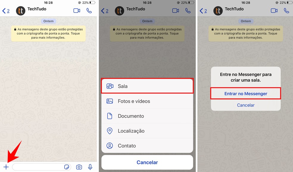 Botão permite criar sala no Messenger Rooms pelo WhatsApp — Foto: Reprodução/Rodrigo Fernandes