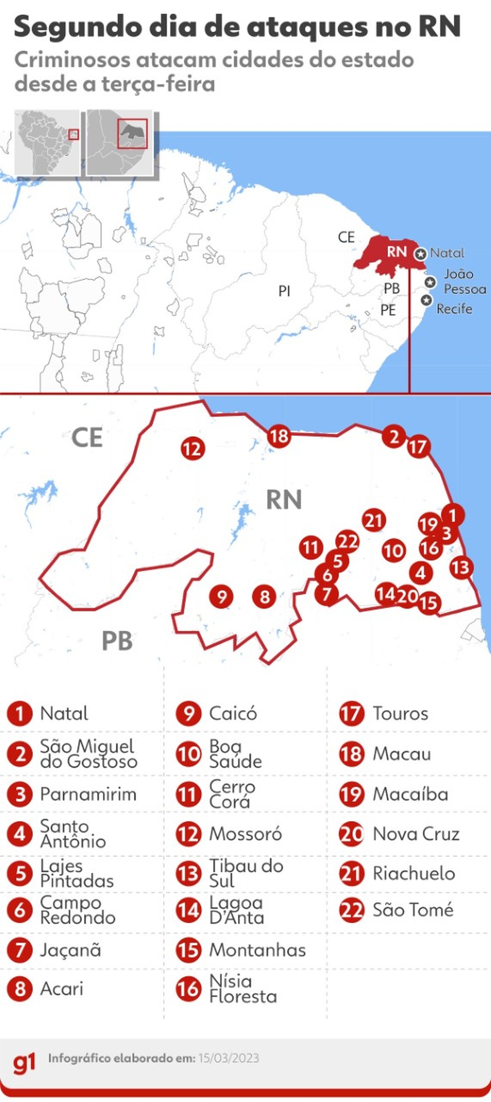 Cidades alvo de ataques no RN — Foto: Arte/g1