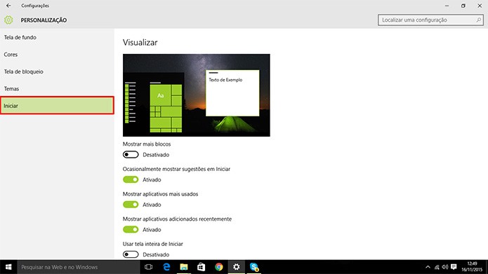 Windows 10 pode ter menu Iniciar personalizado com atalhos e mais blocos dinâmicos (Foto: Reprodução/Elson de Souza)