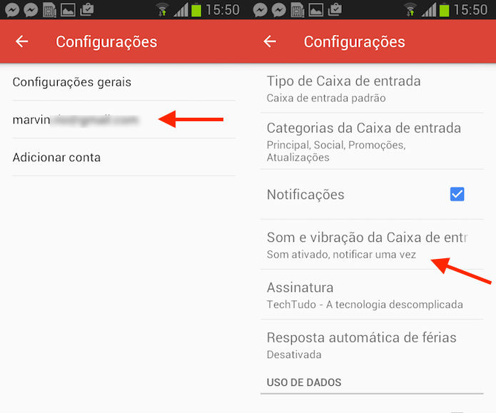 Caminho para acessar as configurações para alertas sonoros no Gmail para Android (Foto: Reprodução/Marvin Costa)