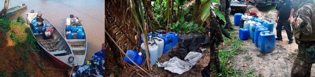 Quase 8 mil litros de combustíveis, entre gasolina, diesel e querosene foram encontrados — Foto: Divulgação/Exército brasileiro