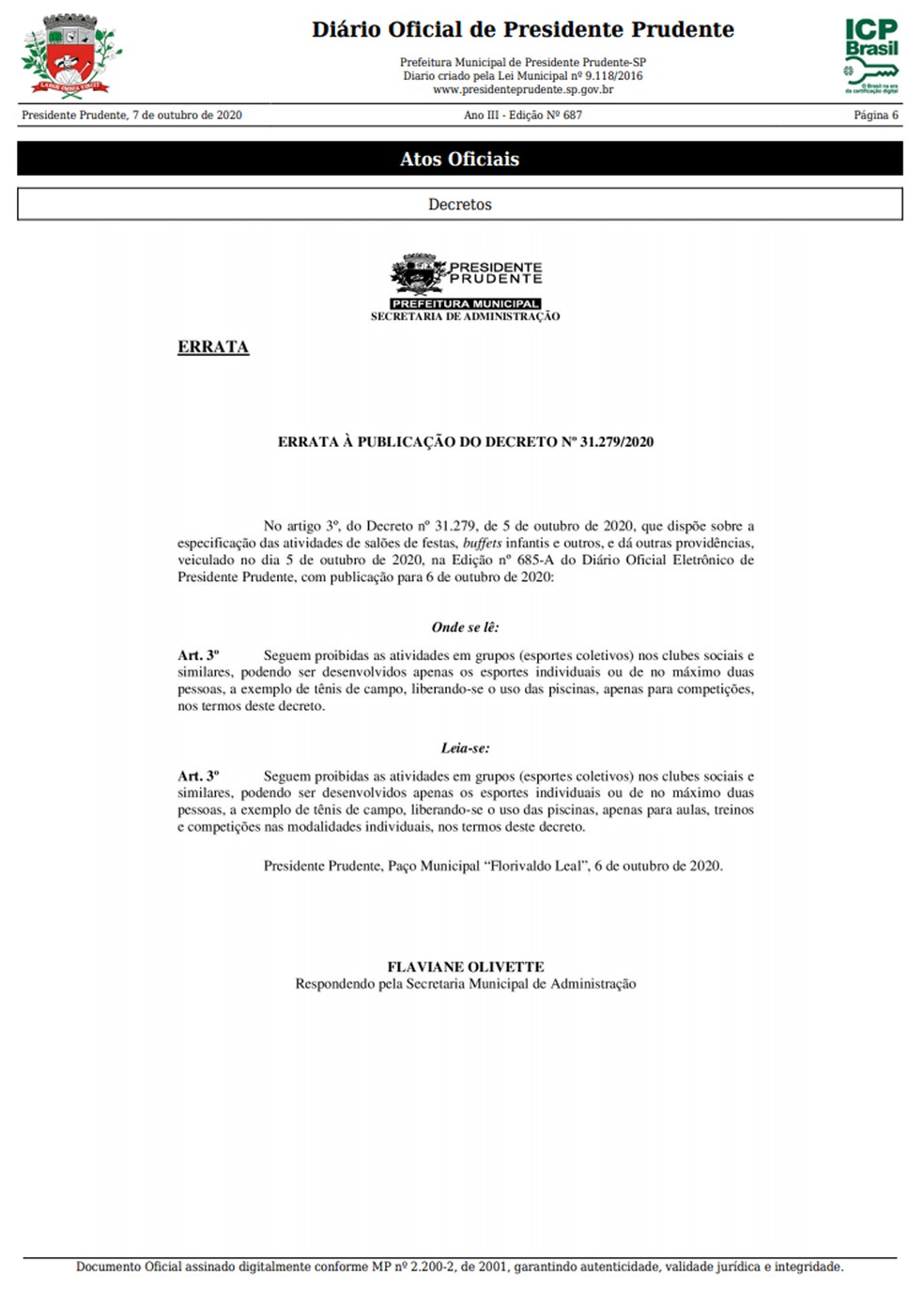 Decreto municipal libera o uso das piscinas 'apenas para aulas, treinos e competições nas modalidades individuais' em Presidente Prudente — Foto: Reprodução