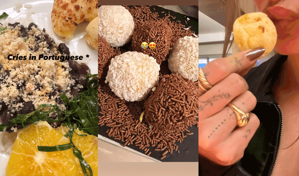 Hailey Baldwin publicou nos Stories algumas fotos de comidas tipicamente brasileiras, como feijoada, brigadeiro e pão de queijo.  — Foto: Reprodução/Instagram