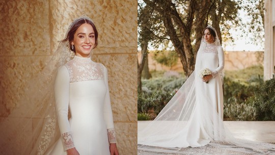 Os detalhes do vestido de noiva luxuoso da princesa da Jordânia; veja fotos do casamento