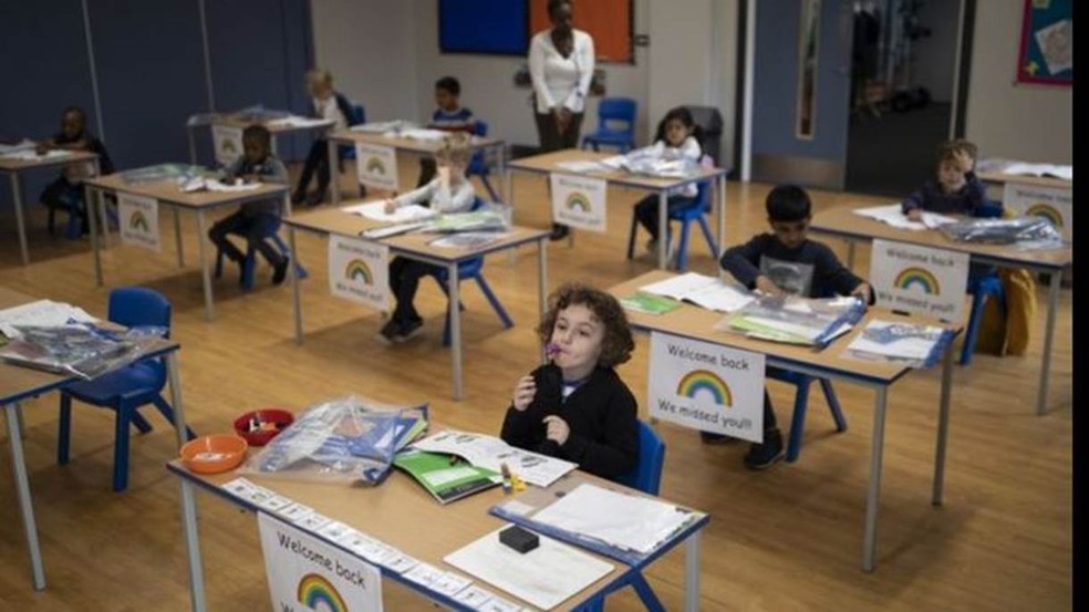 Carteiras viradas para frente, em vez de todos sentados juntos no chão: o novo formato na educação infantil britânica em meio à pandemia — Foto: Getty Images via BBC