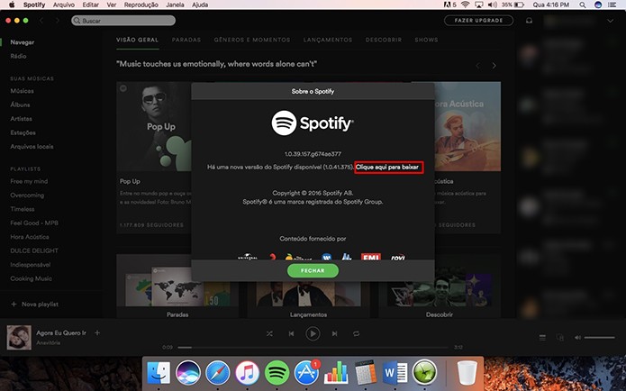 Spotify para Mac também mostra que há atualizações disponíveis para download (Foto: Reprodução/Elson de Souza)