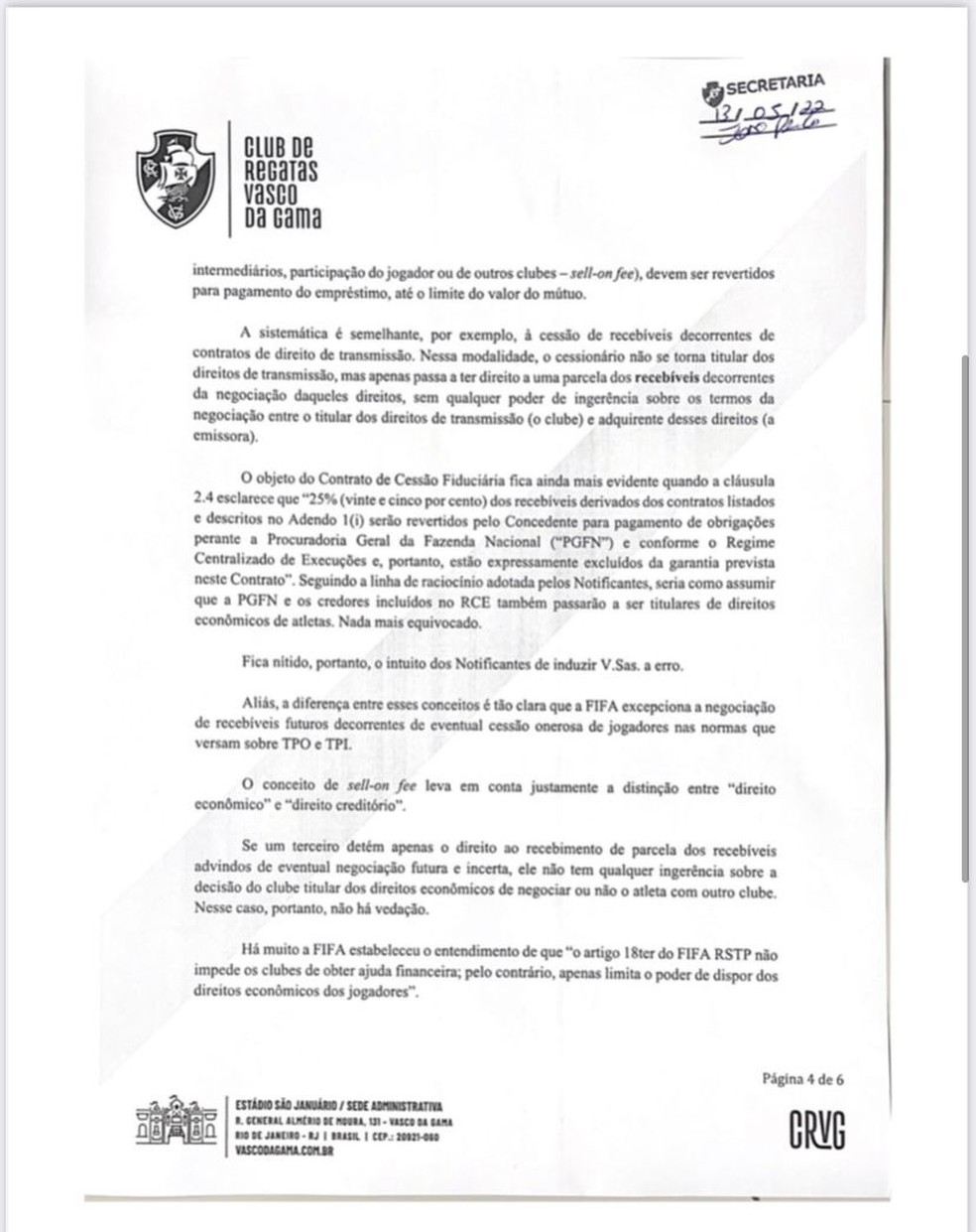 Vasco protocola ofício com respostas a questionamentos de opositores sobre garantias dadas a 777 — Foto: Reprodução