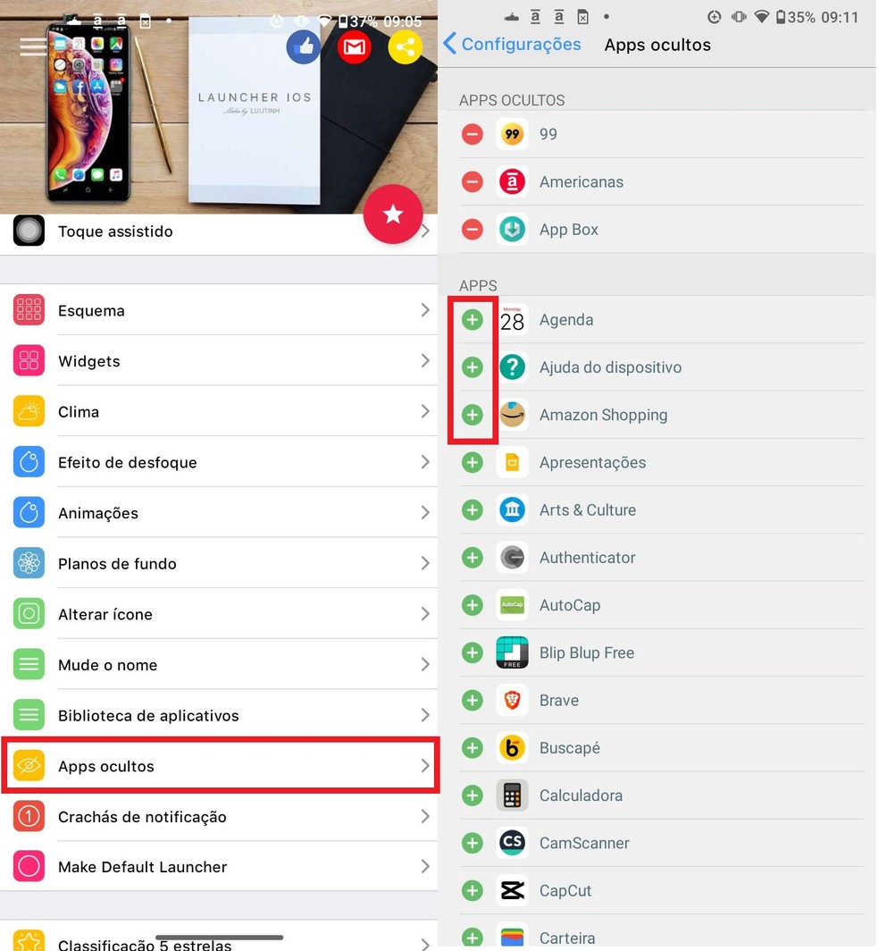 Você também pode ocultar apps nativos do Andorid para ter uma experiência de uso mais fiel ao sistema da Apple — Foto: Reprodução/Clara Fabro