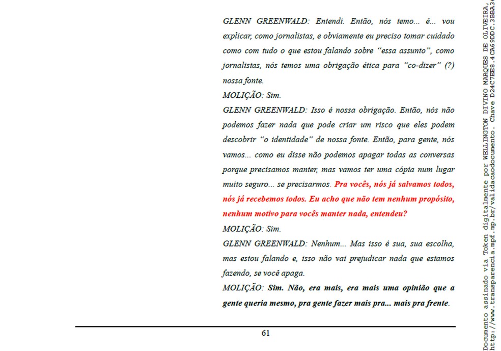 Diálogo entre Glenn e hacker reproduzido na denúncia do MPF — Foto: Divulgação
