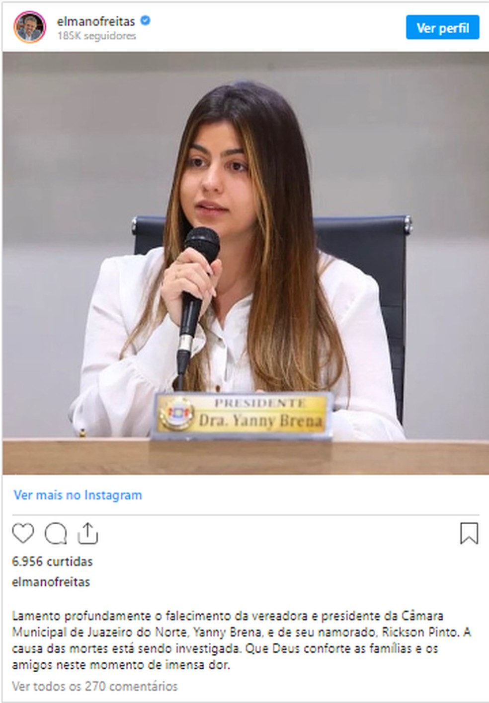 Governador e políticos do Ceará lamentam a morte de Yanny Brena, presidente  da Câmara de Juazeiro do Norte | Cariri | G1