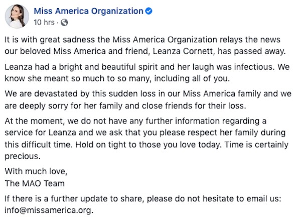 O post compartilhado pelos organizadores do evento Miss America lamentando a morte de Leanza Cornett (Foto: Facebook)
