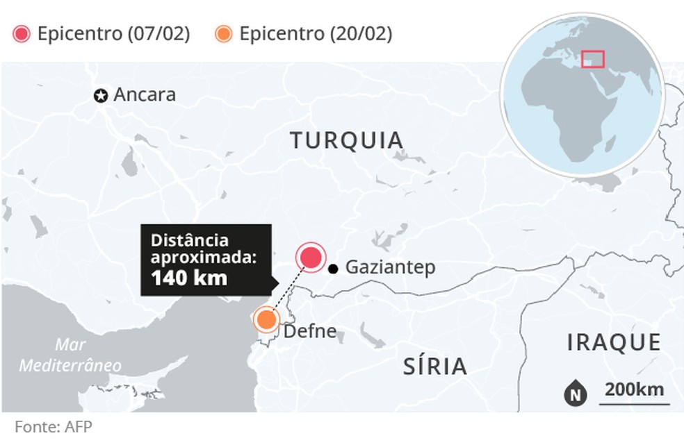 Epicentro de novo tremor ocorreu em Defne, próximo a Gaziantep, epicentro de terremoto do último dia 07 — Foto: Editoria de Arte O Globo