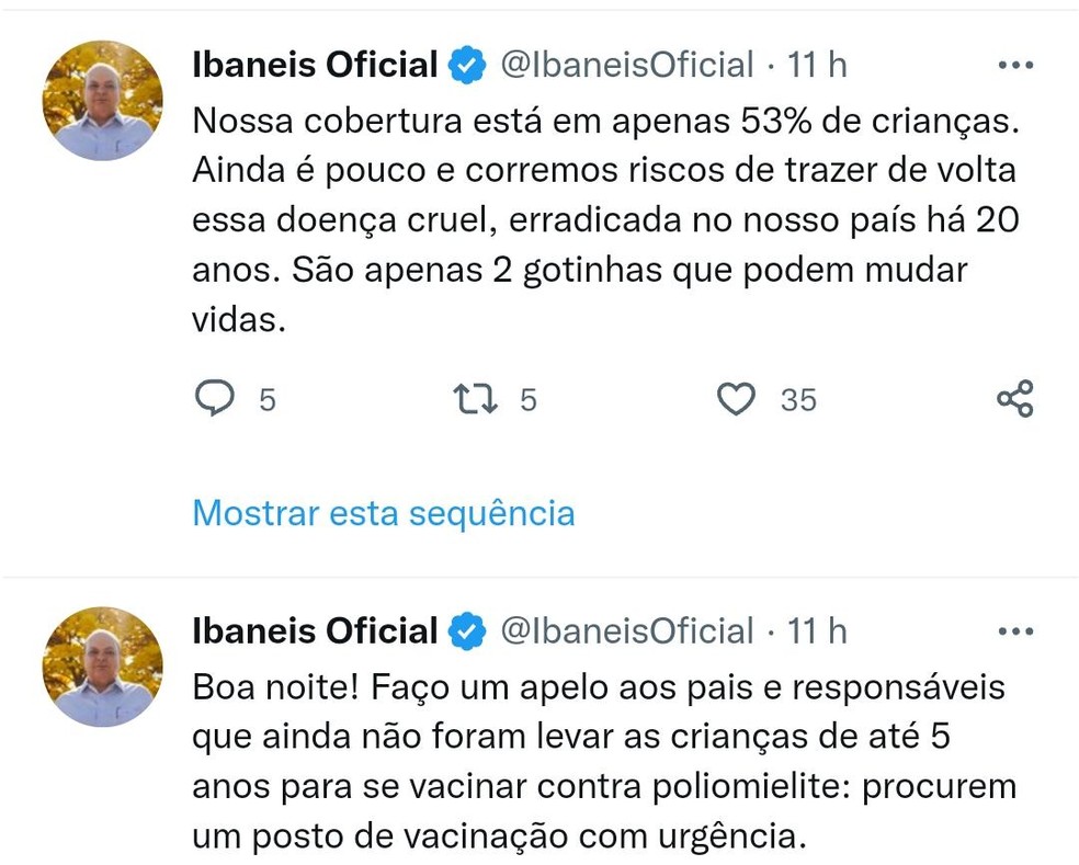 Governador Ibaneis Rocha (MDB) pede que pais e responsáveis vacinem crianças contra poliomielite — Foto: Twitter/reprodução