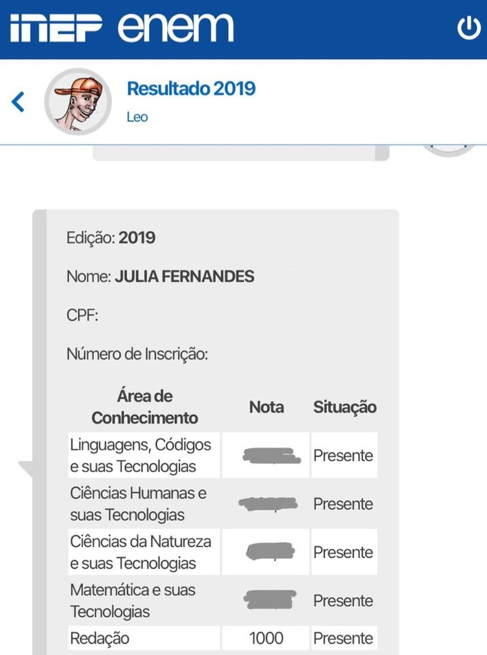 Boletim com resultado mostra nota 1000 da estudante Júlia Fernandes — Foto: Arquivo pessoal