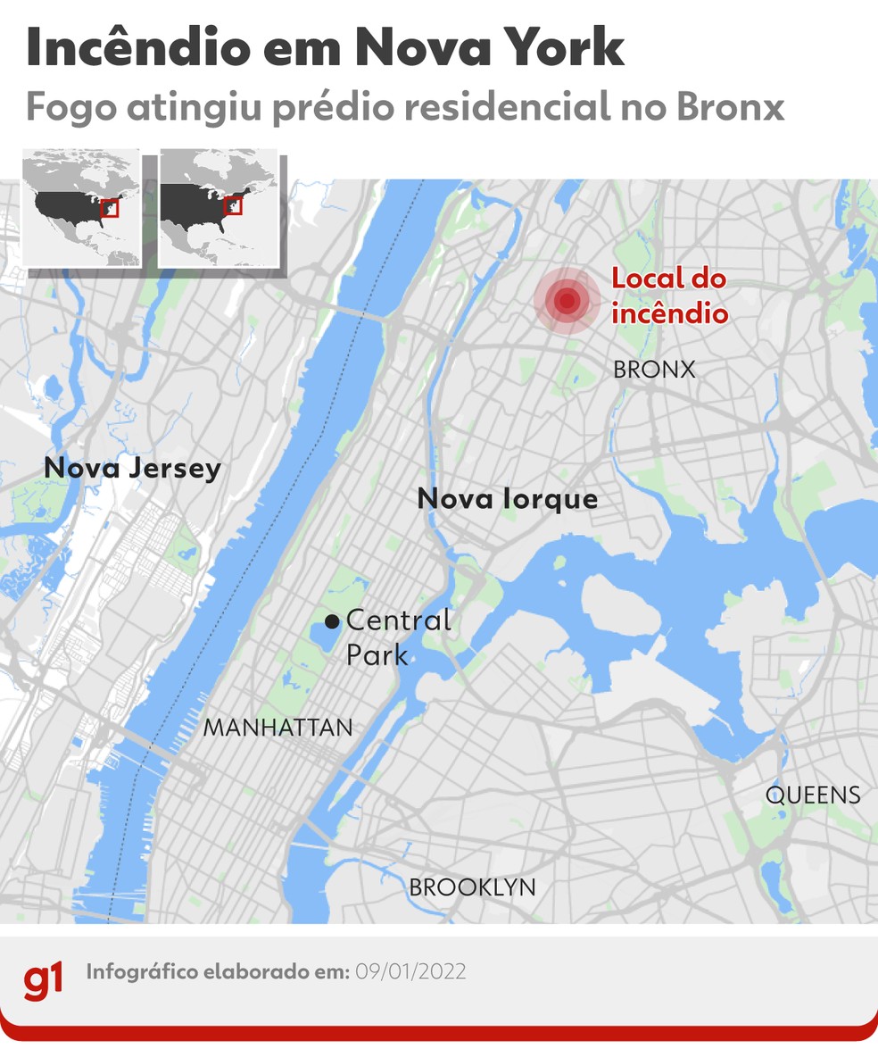 Local de incndio no Bronx, em Nova York  Foto: Editoria de Arte/g1