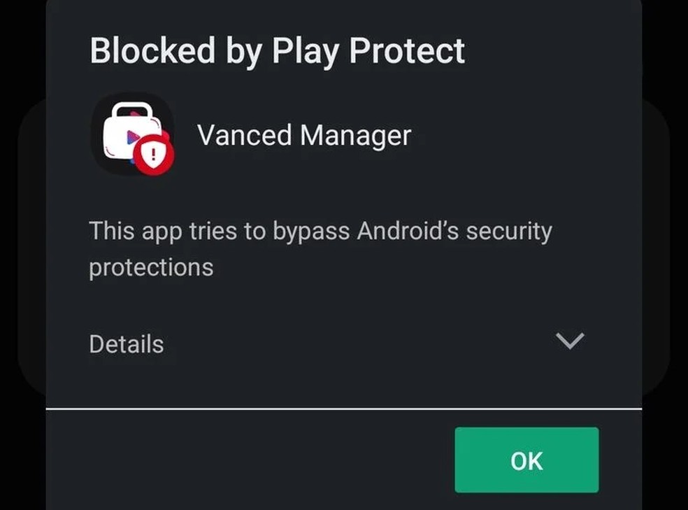 Mensagem do Android bloqueando a instalação do app Vanced Manager — Foto: Reprodução