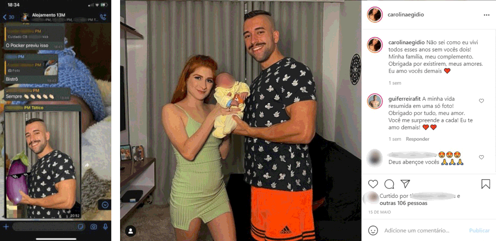 Na imagem acima estão duas postagens. À esquerda está a montagem feita com um emoji de berinjela sobre o rosto do filho do soldado Guilherme Ferreira. À direita, a foto original que foi retirada sem autorização do Instagram da mulher dele — Foto: Reprodução/Redes sociais