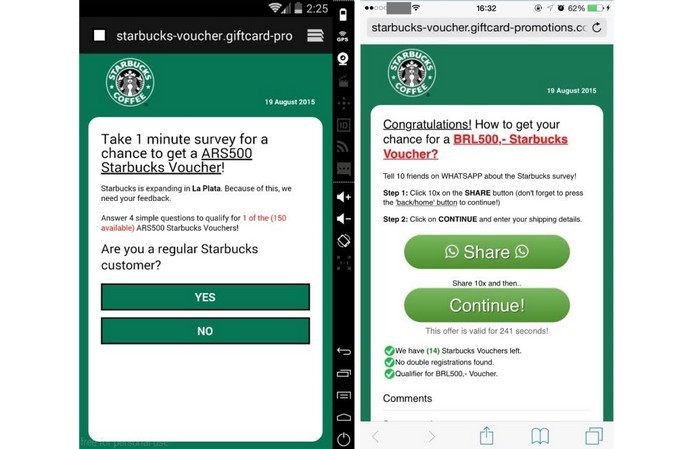 Suposta promoção usava nome da Starbucks para oferecer vantagens a usuários do WhatsApp (Foto: Divulgação/Kaspersky Lab)